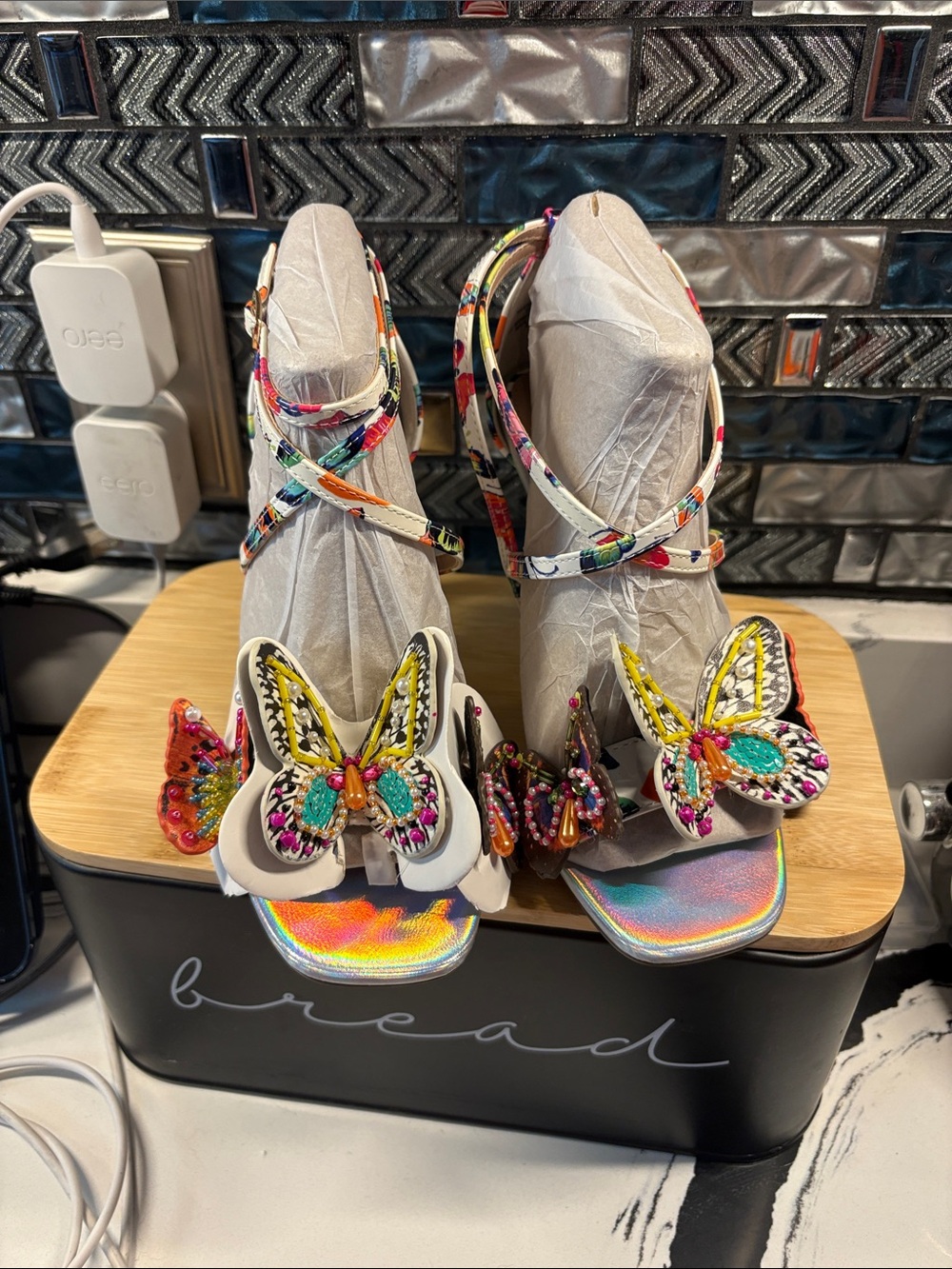 Betsey Johnson White Iridescent Multicolor Butterfly Strappy Heels